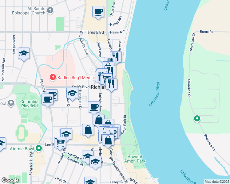 map of restaurants, bars, coffee shops, grocery stores, and more near 699 Amon Park Road North in Richland