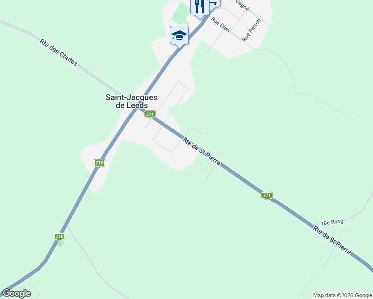 map of restaurants, bars, coffee shops, grocery stores, and more near 23 Route 271 Sud in Saint-Jacques-de-Leeds