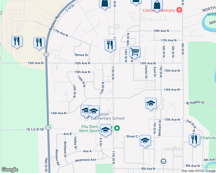 map of restaurants, bars, coffee shops, grocery stores, and more near 1468 12th Street North in Wahpeton