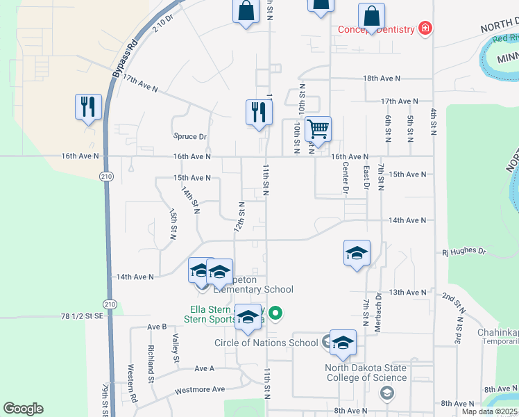 map of restaurants, bars, coffee shops, grocery stores, and more near 1457 11th Street North in Wahpeton