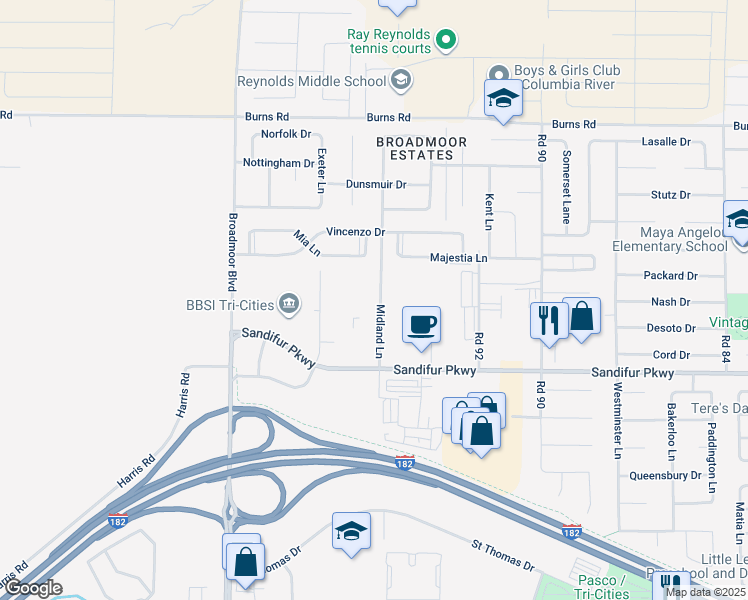map of restaurants, bars, coffee shops, grocery stores, and more near 5810 Midland Lane in Pasco