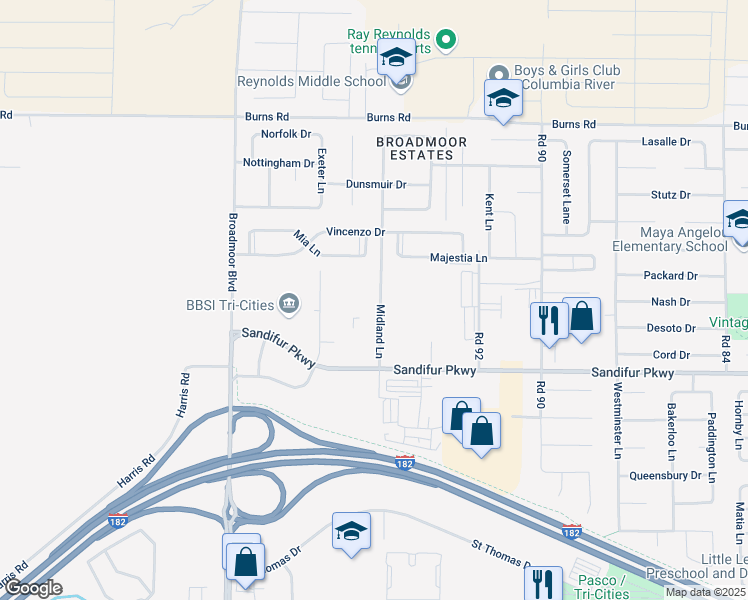 map of restaurants, bars, coffee shops, grocery stores, and more near Midland Lane in Pasco