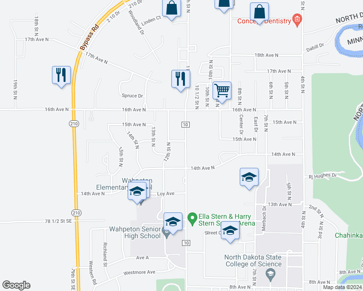 map of restaurants, bars, coffee shops, grocery stores, and more near 1414 12th Street North in Wahpeton