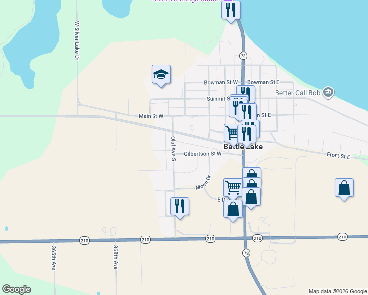 map of restaurants, bars, coffee shops, grocery stores, and more near 301 Olaf Avenue South in Battle Lake