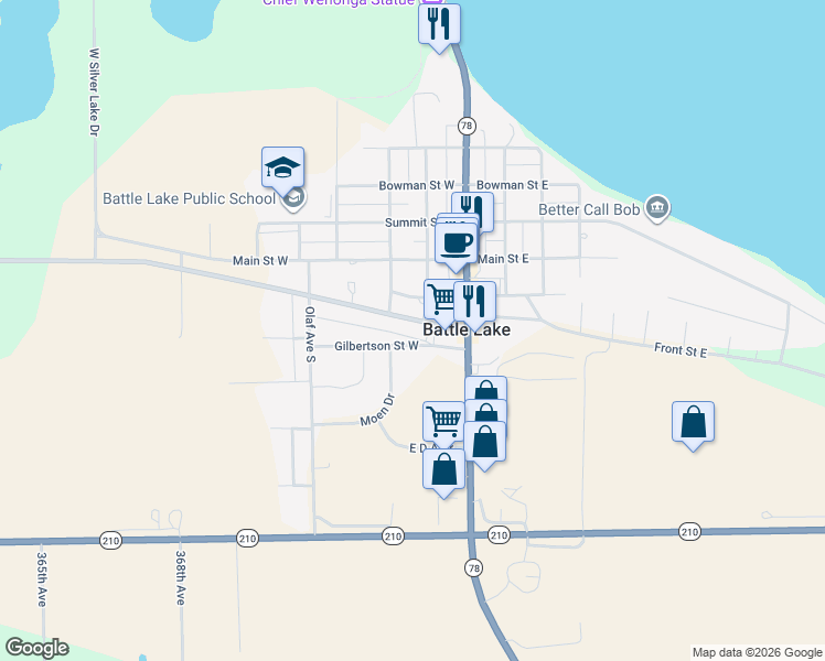 map of restaurants, bars, coffee shops, grocery stores, and more near 301 Moen Drive in Battle Lake