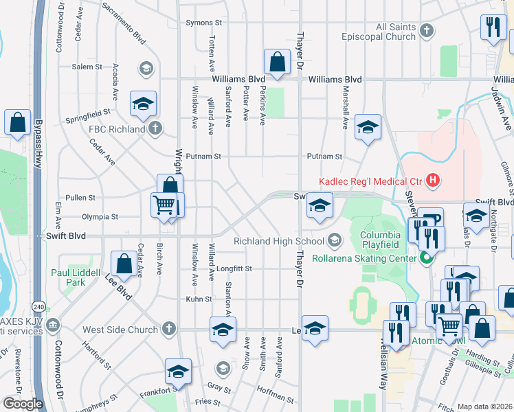 map of restaurants, bars, coffee shops, grocery stores, and more near 1001 Sanford Avenue in Richland