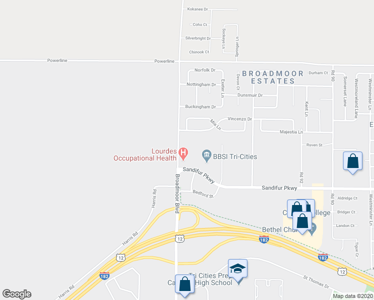 map of restaurants, bars, coffee shops, grocery stores, and more near 5801 Broadmoor Boulevard in Pasco