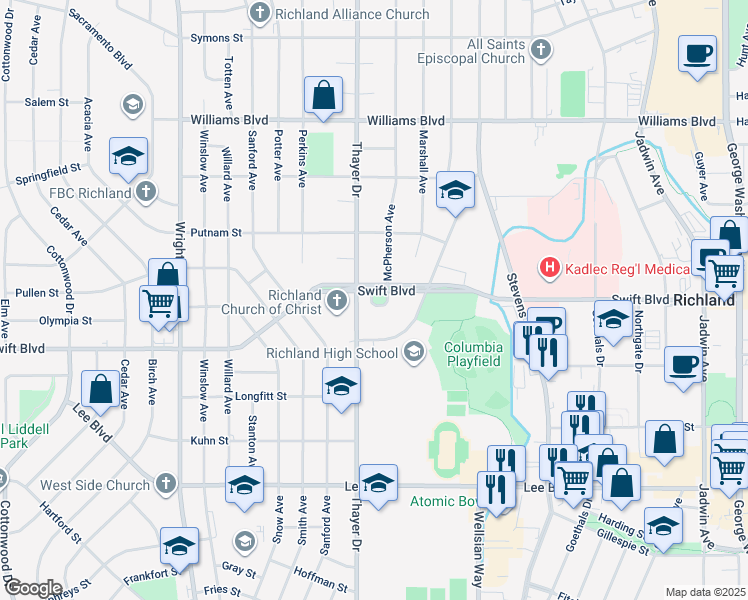 map of restaurants, bars, coffee shops, grocery stores, and more near 1304 Swift Boulevard in Richland