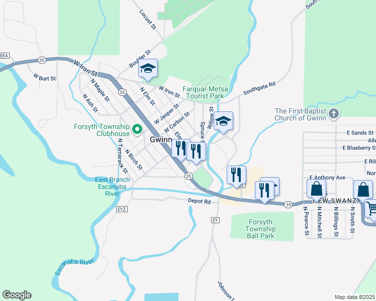map of restaurants, bars, coffee shops, grocery stores, and more near Linden Alley in Forsyth Township
