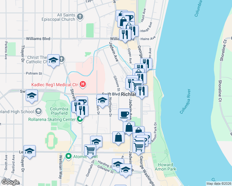 map of restaurants, bars, coffee shops, grocery stores, and more near 1099 Gilmore Street in Richland