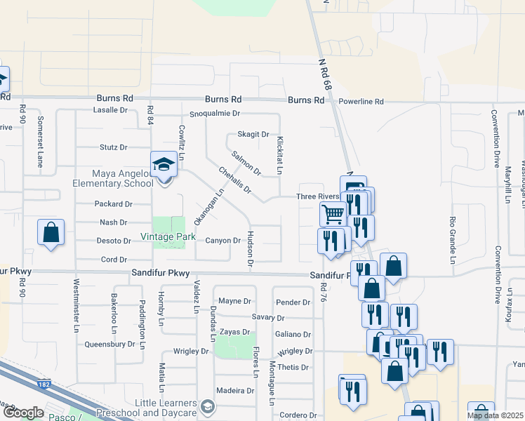 map of restaurants, bars, coffee shops, grocery stores, and more near 7820 Three Rivers Drive in Pasco