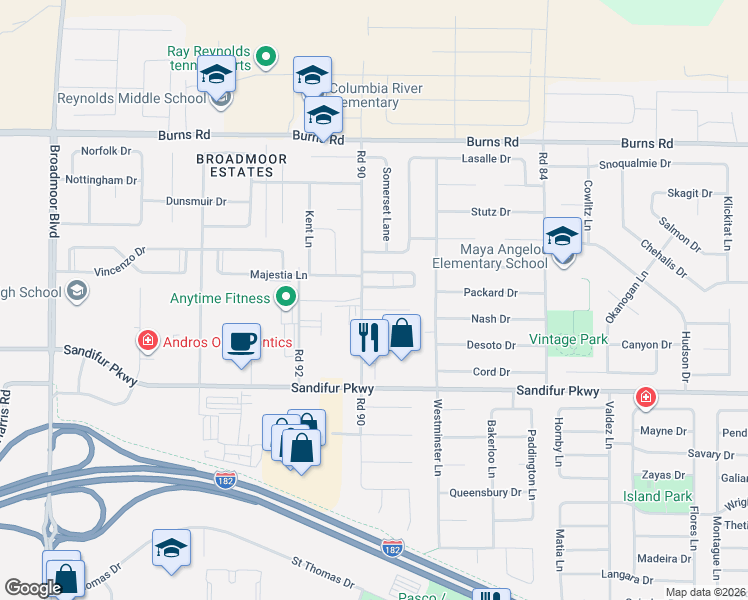 map of restaurants, bars, coffee shops, grocery stores, and more near 5909 Road 90 in Pasco