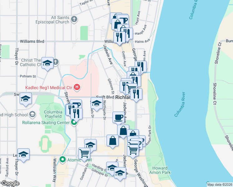 map of restaurants, bars, coffee shops, grocery stores, and more near 1001-1099 Gilmore Street in Richland