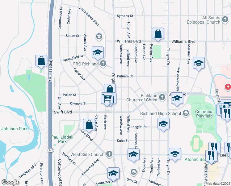 map of restaurants, bars, coffee shops, grocery stores, and more near 1020 Wright Avenue in Richland