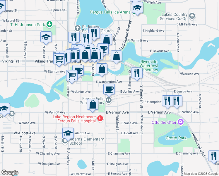 map of restaurants, bars, coffee shops, grocery stores, and more near 309 South Cascade Street in Fergus Falls