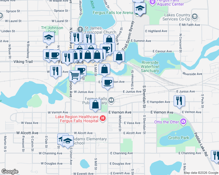 map of restaurants, bars, coffee shops, grocery stores, and more near 313 South Cascade Street in Fergus Falls