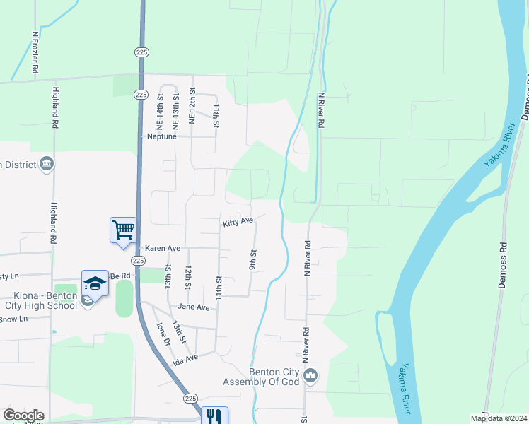 map of restaurants, bars, coffee shops, grocery stores, and more near 1312 9th Street in Benton City