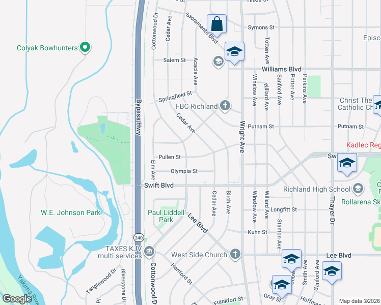 map of restaurants, bars, coffee shops, grocery stores, and more near 1017-1099 Cottonwood Dr in Richland