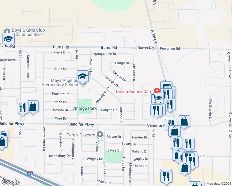 map of restaurants, bars, coffee shops, grocery stores, and more near 7927 Hudson Drive in Pasco