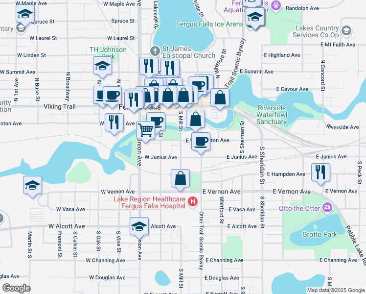 map of restaurants, bars, coffee shops, grocery stores, and more near 309 South Mill Street in Fergus Falls