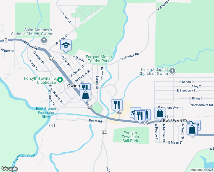 map of restaurants, bars, coffee shops, grocery stores, and more near Granite Street in Gwinn