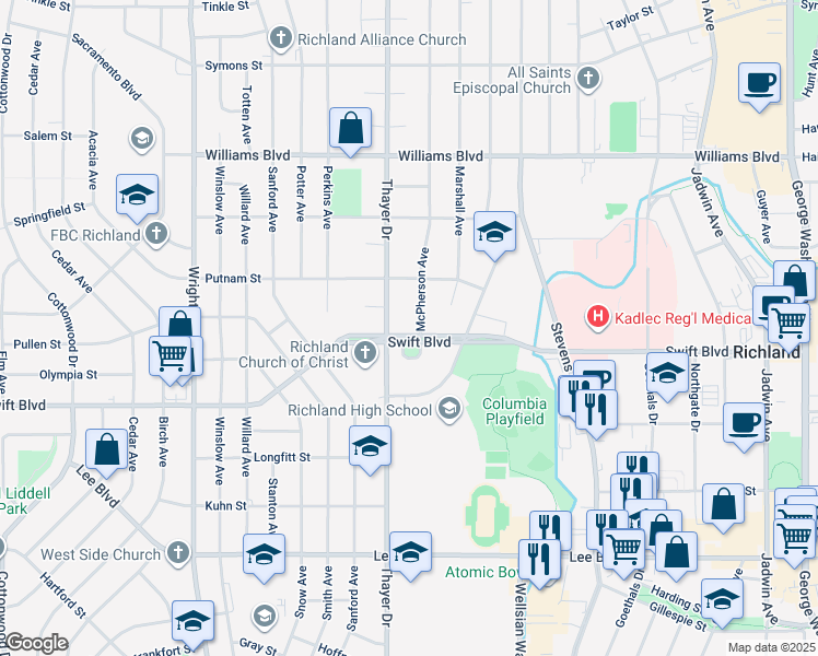 map of restaurants, bars, coffee shops, grocery stores, and more near 1304 Swift Boulevard in Richland