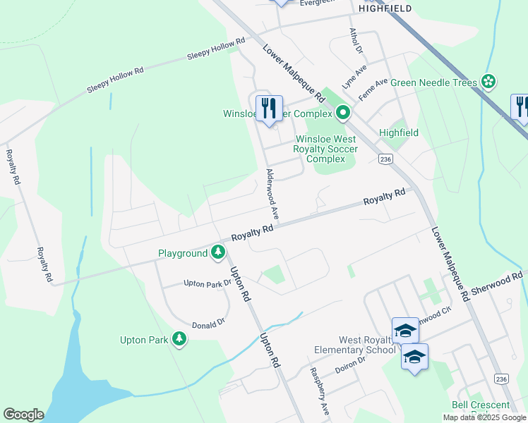 map of restaurants, bars, coffee shops, grocery stores, and more near 106 Royalty Road in Charlottetown