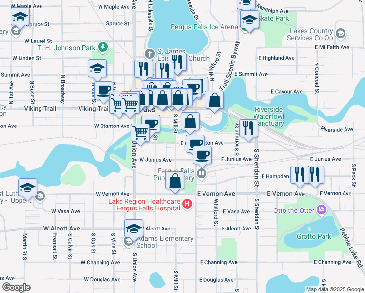 map of restaurants, bars, coffee shops, grocery stores, and more near 309 South Mill Street in Fergus Falls