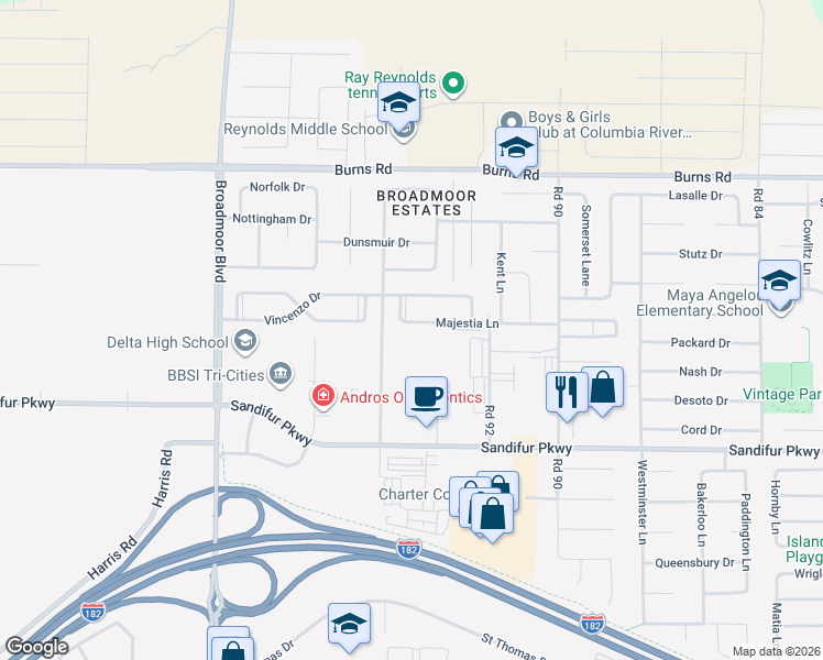 map of restaurants, bars, coffee shops, grocery stores, and more near 9408 Majestia Lane in Pasco