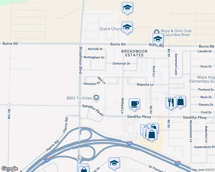 map of restaurants, bars, coffee shops, grocery stores, and more near 9620 Mia Lane in Pasco