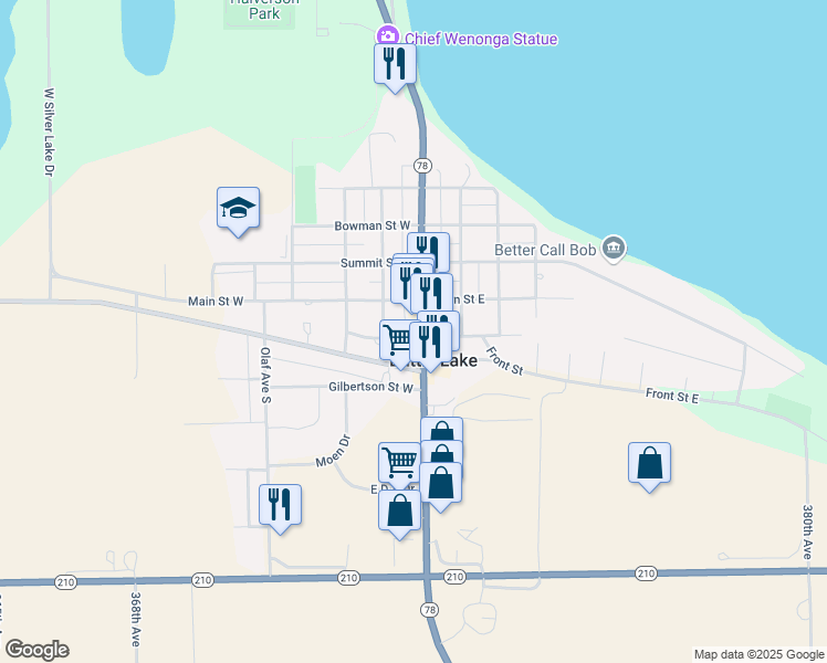 map of restaurants, bars, coffee shops, grocery stores, and more near 122 Lake Avenue South in Battle Lake
