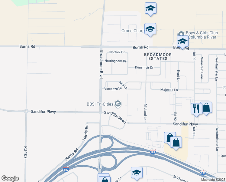 map of restaurants, bars, coffee shops, grocery stores, and more near 9822 Vincenzo Drive in Pasco