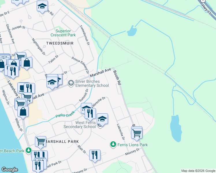 map of restaurants, bars, coffee shops, grocery stores, and more near 117 Marshall Avenue East in North Bay