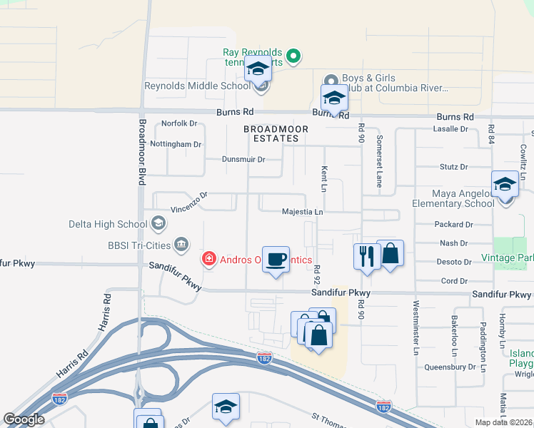 map of restaurants, bars, coffee shops, grocery stores, and more near 9408 Majestia Lane in Pasco