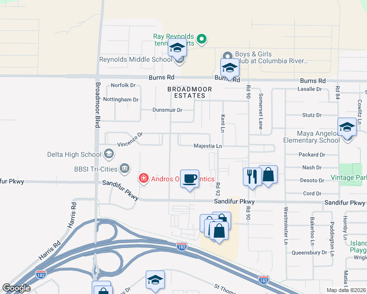 map of restaurants, bars, coffee shops, grocery stores, and more near 9408 Majestia Lane in Pasco