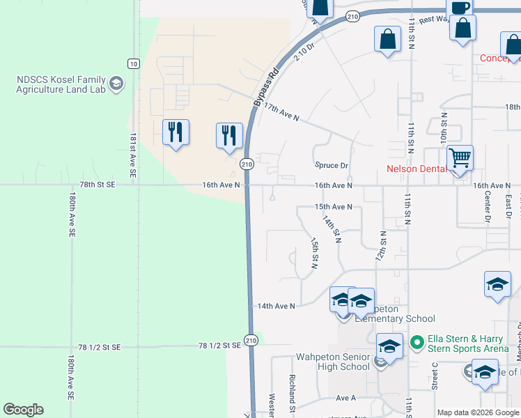 map of restaurants, bars, coffee shops, grocery stores, and more near Highway 210 in Wahpeton