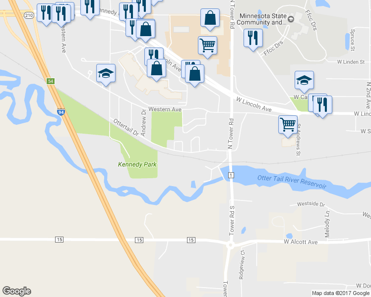 map of restaurants, bars, coffee shops, grocery stores, and more near 202 Kristin Court in Fergus Falls