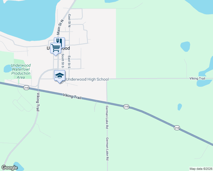 map of restaurants, bars, coffee shops, grocery stores, and more near German Lake Road in Underwood