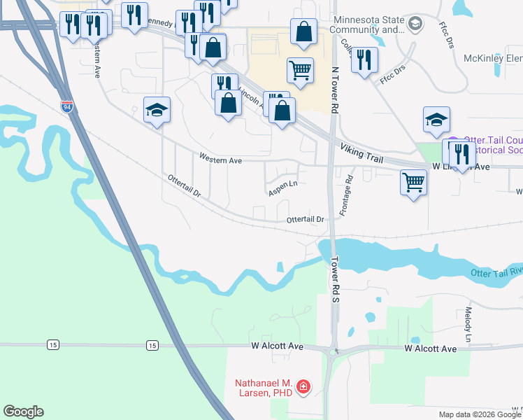 map of restaurants, bars, coffee shops, grocery stores, and more near 202 Kristin Court in Fergus Falls