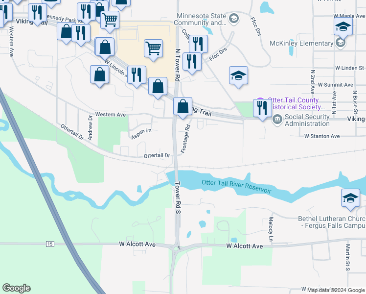 map of restaurants, bars, coffee shops, grocery stores, and more near 259 South Tower Road in Fergus Falls
