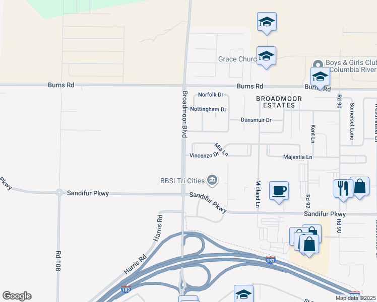 map of restaurants, bars, coffee shops, grocery stores, and more near 6004 Mia Lane in Pasco