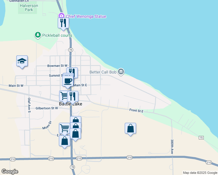 map of restaurants, bars, coffee shops, grocery stores, and more near 408 Main Street East in Battle Lake