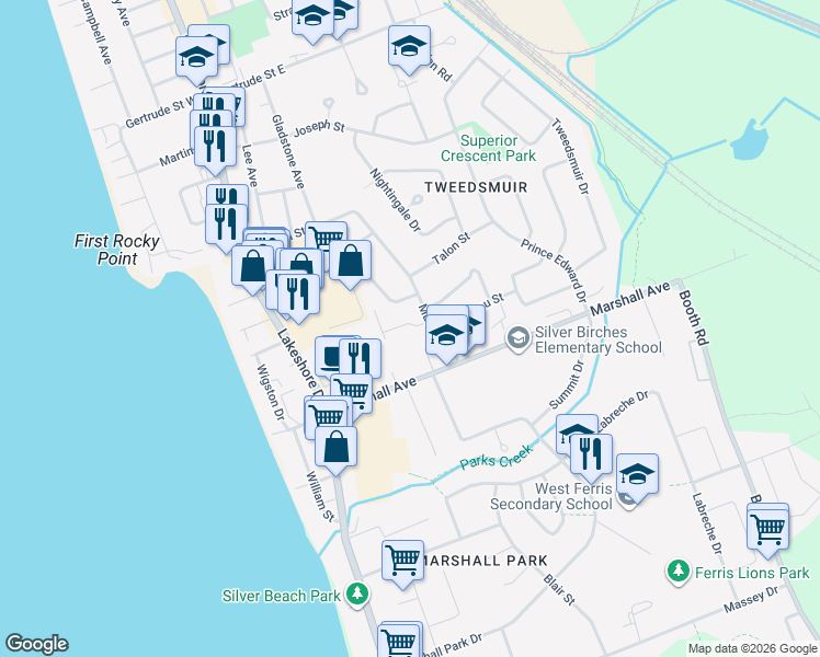 map of restaurants, bars, coffee shops, grocery stores, and more near 345 Mulligan Street in North Bay