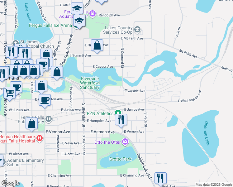 map of restaurants, bars, coffee shops, grocery stores, and more near 720 Riverside Avenue in Fergus Falls