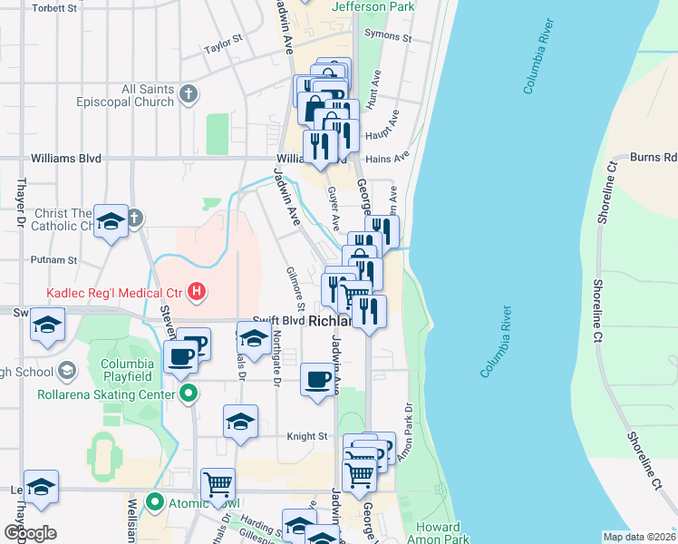 map of restaurants, bars, coffee shops, grocery stores, and more near 1060 Jadwin Avenue in Richland