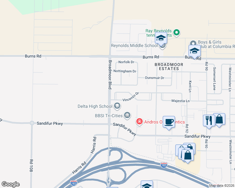 map of restaurants, bars, coffee shops, grocery stores, and more near 9827 Mia Lane in Pasco