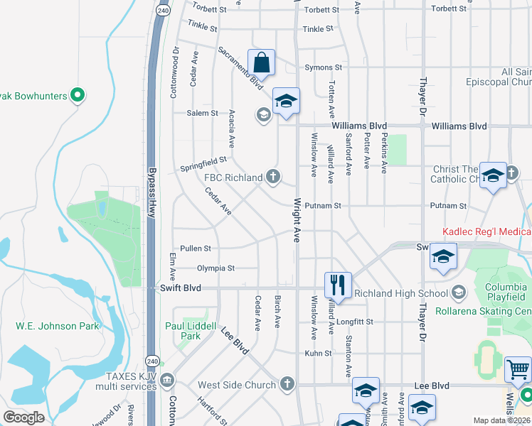map of restaurants, bars, coffee shops, grocery stores, and more near 2203 Putnam Street in Richland