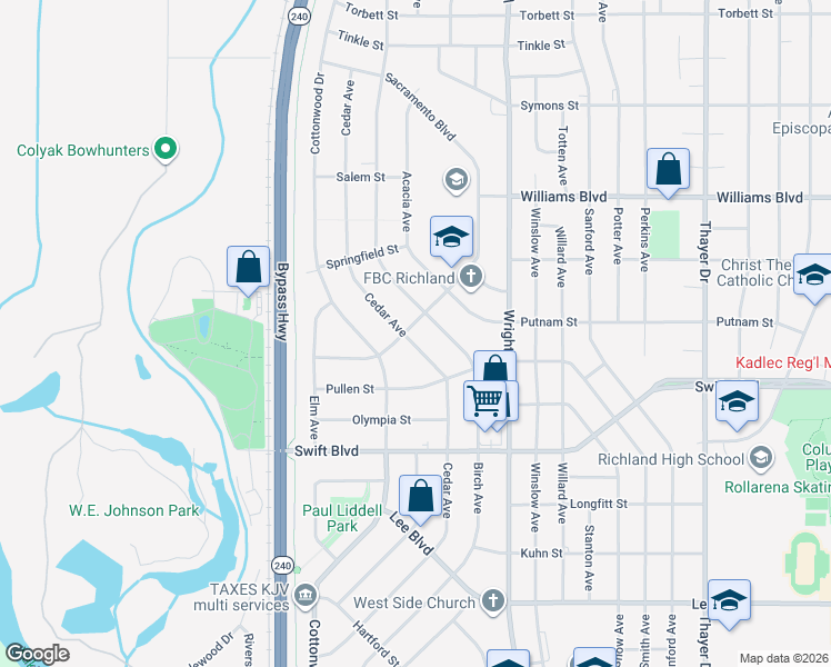 map of restaurants, bars, coffee shops, grocery stores, and more near 2201-2299 Richmond Boulevard in Richland