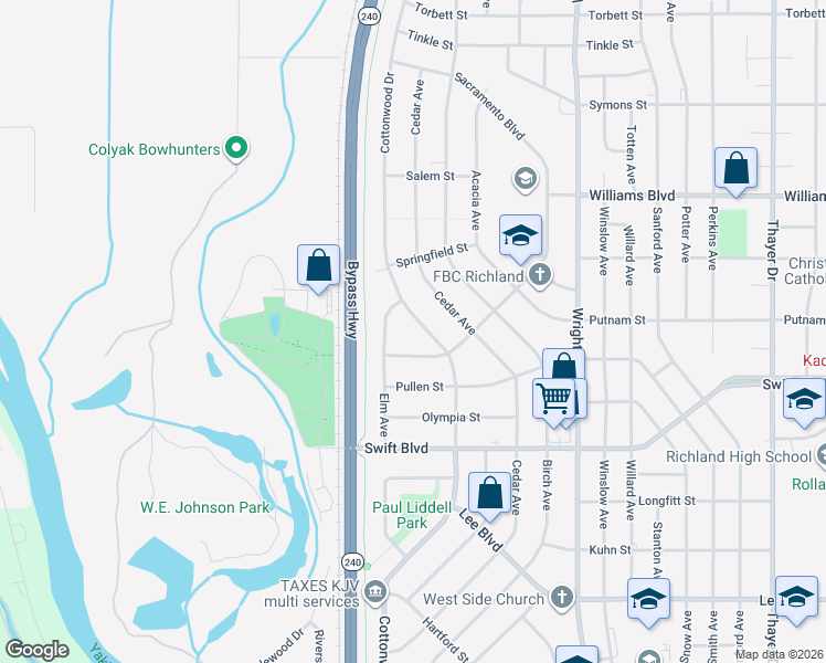 map of restaurants, bars, coffee shops, grocery stores, and more near 1112 Cottonwood Drive in Richland