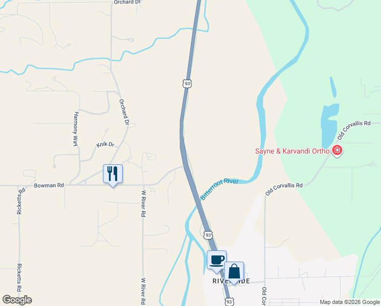 map of restaurants, bars, coffee shops, grocery stores, and more near 500 U.S. 93 in Hamilton